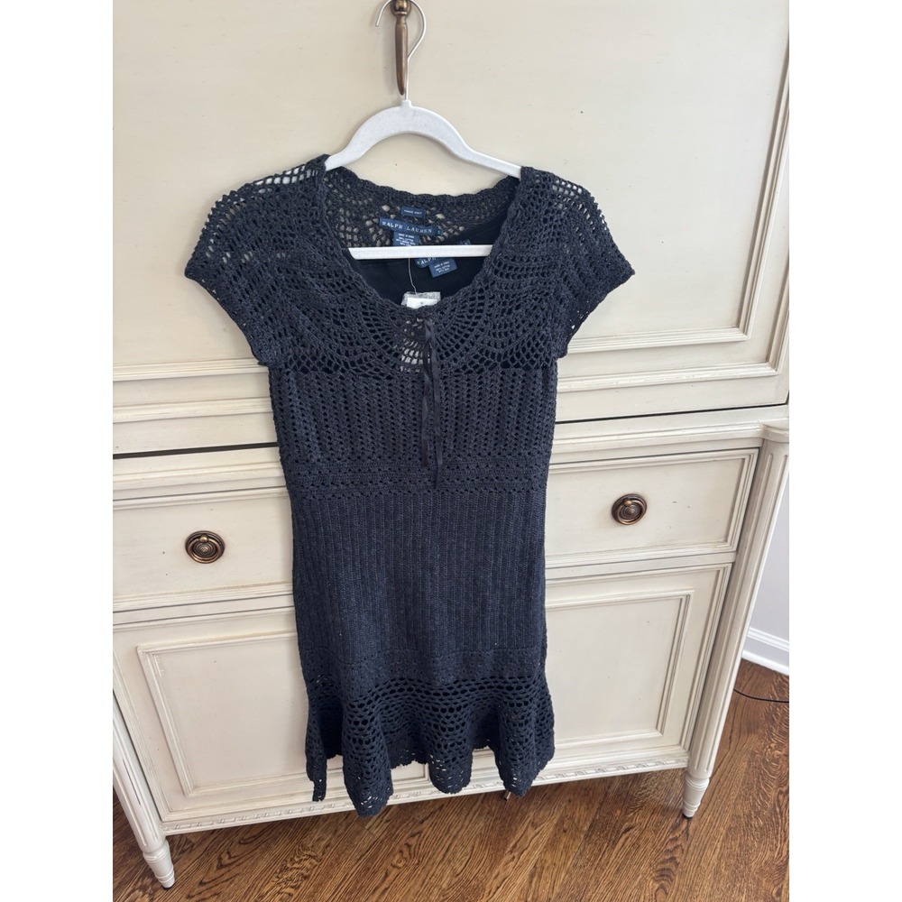 Ralph Lauren Blue Label Hand Knit Crocheted Black Dress Cotton Silk Wool NWT‎ Sm